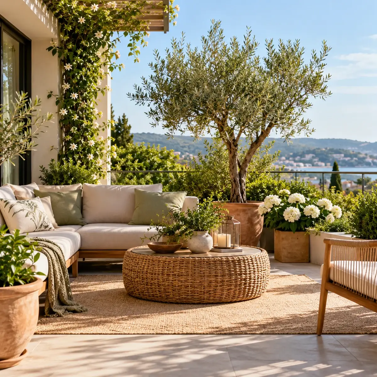 Terraço com plantas e vasos decorativos